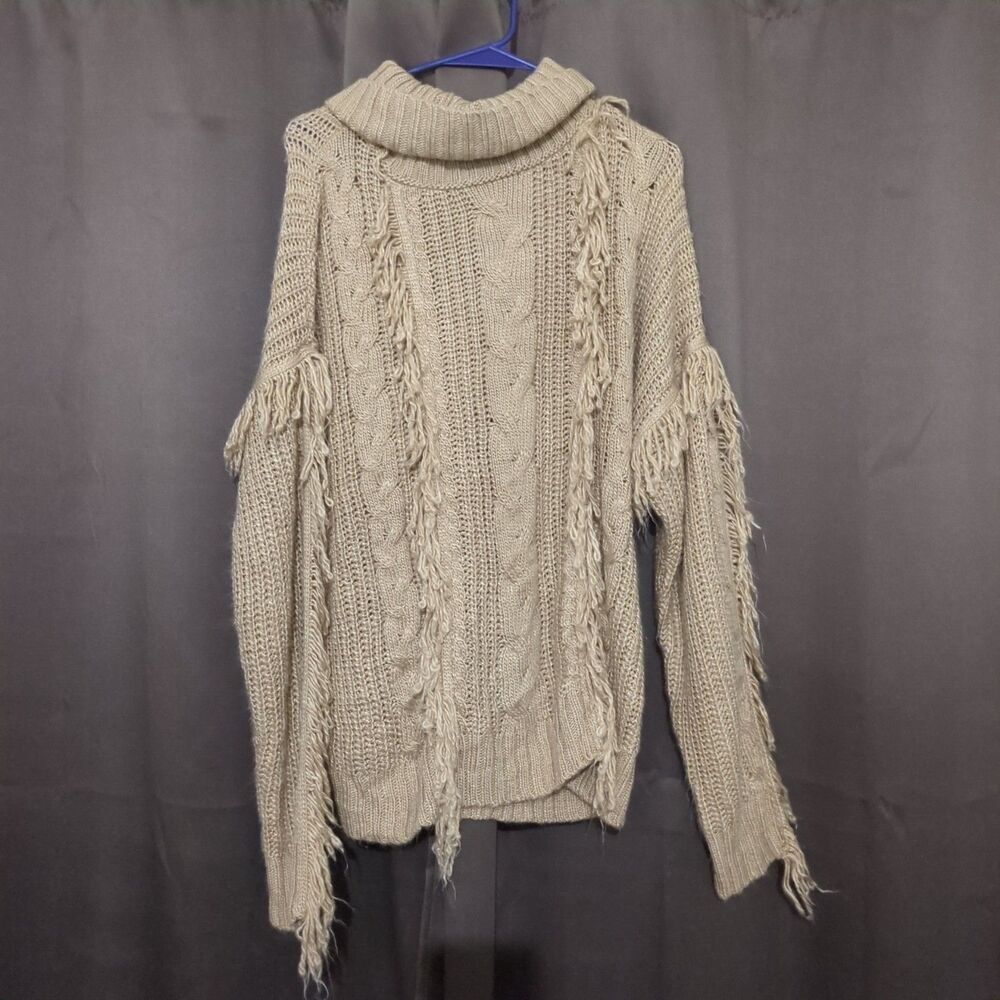 Women’s Western Fringe Cable Knit Turtle Neck Sweater Boho Camel Size XL